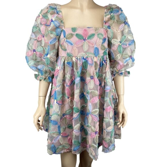 Storia Womens Dress Size Small Stacy Sequins Floral Puff Sleeve Babydoll - Picture 3 of 11